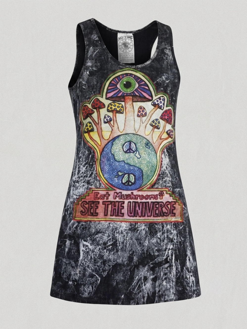 No Time Psychedelic Mushroom Graphic Stonewashed Tank Dress Size Medium